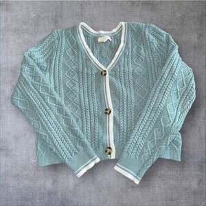 Moon And Willows Women’s Size M Green White Cropped Cable Knit Cardigan Sweater